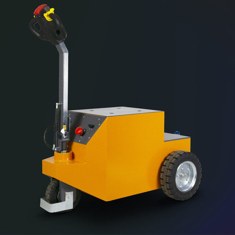 Elektrischer Schlepper mit gelber Verkleidung und zwei großen Rädern, geeignet für industrielle Anwendungen